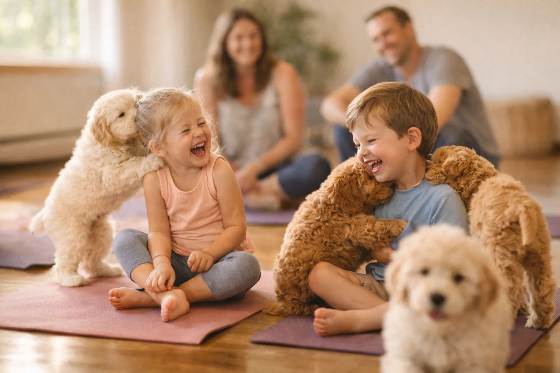 Saturday puppy yoga session at Pawty Yoga Houston — family-friendly class with playful puppies