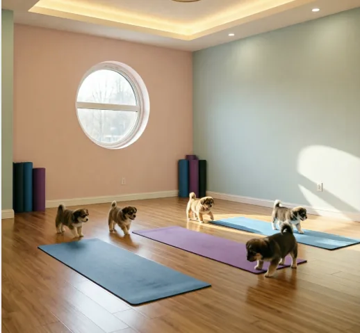 Sunday puppy yoga session — calm bright studio setup with puppies exploring
