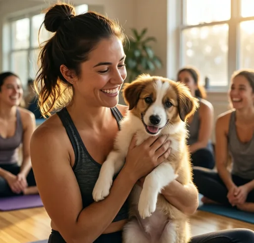 Close-up of a fluffy puppy resting on a yoga mat — sweet cuddle moment
