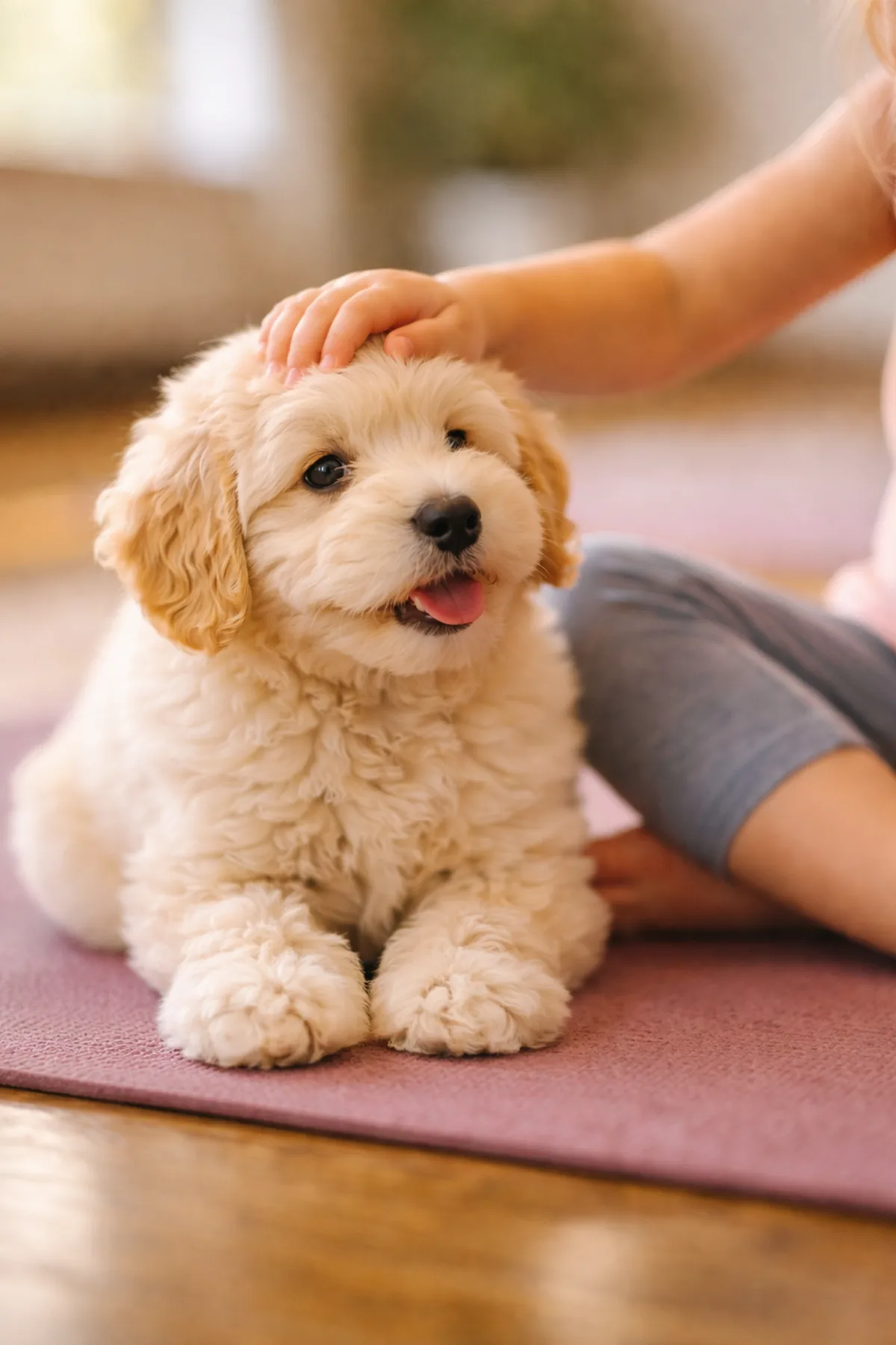 Close-up of a happy puppy being cradled at a Pawty Yoga session